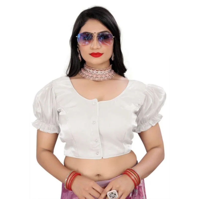 Women's Jimmy Solid Designer Neck Elastic Sleeve Readymade Blouse (White 38 , Alterable up to 42)-PID65836