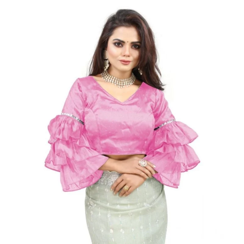 Women's Organza Solid V Neck Layered Ruffle Sleeve Readymade Blouse (Light_Pink Free Size , up to 38鈥?0 Bust)-PID65846