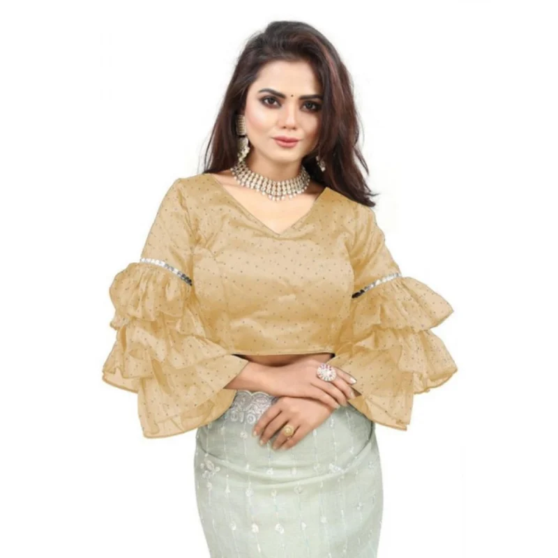 Women's Organza Solid V Neck Layered Ruffle Sleeve Readymade Blouse (Beige Free Size , up to 38鈥?0 Bust)-PID65847