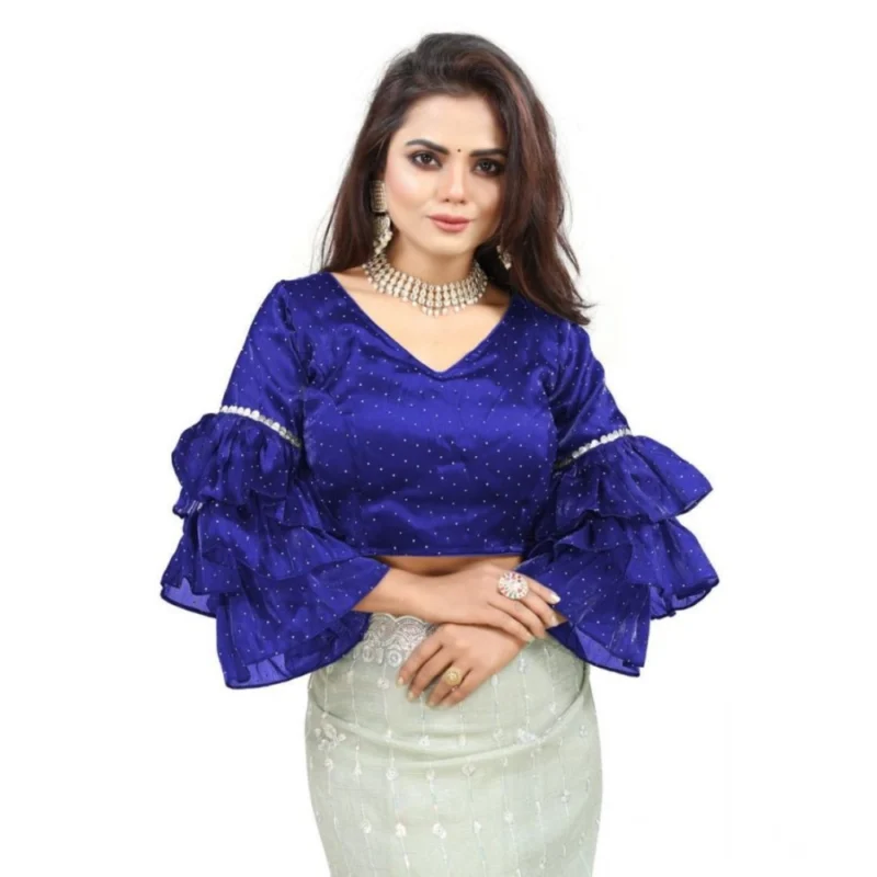 Women's Organza Solid V Neck Layered Ruffle Sleeve Readymade Blouse (Blue Free Size , up to 38鈥?0 Bust)-PID65849