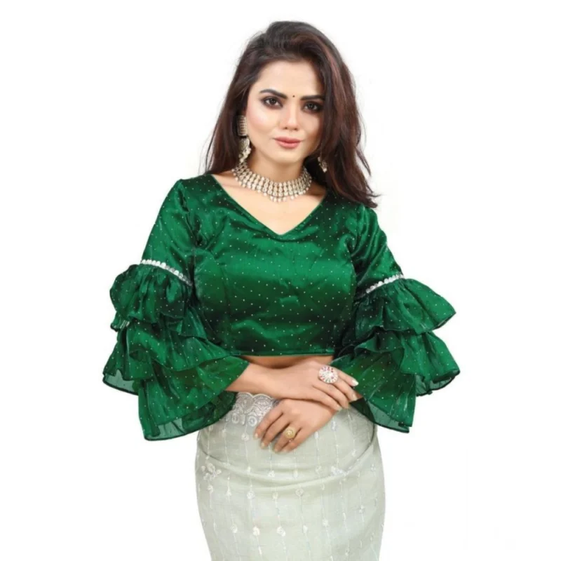Women's Organza Solid V Neck Layered Ruffle Sleeve Readymade Blouse (Green Free Size , up to 38鈥?0 Bust)-PID65850