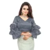 Women's Organza Solid V Neck Layered Ruffle Sleeve Readymade Blouse (Grey Free Size , up to 38鈥?0 Bust)-PID65851