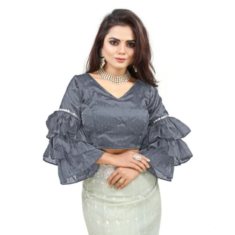 Women's Organza Solid V Neck Layered Ruffle Sleeve Readymade Blouse (Grey Free Size , up to 38鈥?0 Bust)-PID65851