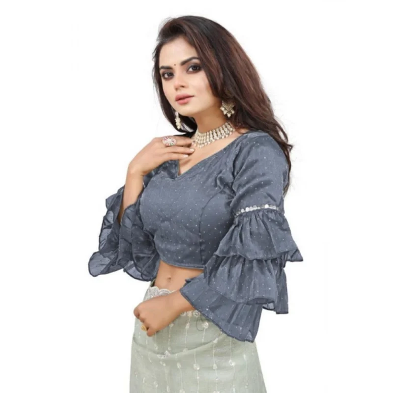 Alternative view of Women's Organza Solid V Neck Layered Ruffle Sleeve Readymade Blouse (Grey Free Size , up to 38鈥?0 Bust)-PID65851