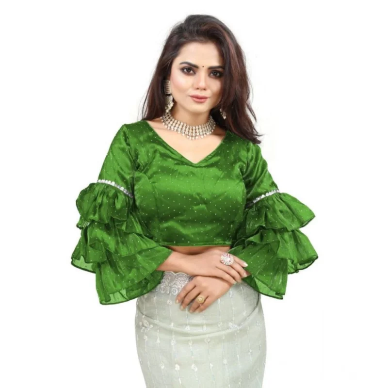 Women's Organza Solid V Neck Layered Ruffle Sleeve Readymade Blouse (Light Green Free Size , up to 38鈥?0 Bust)-PID65852