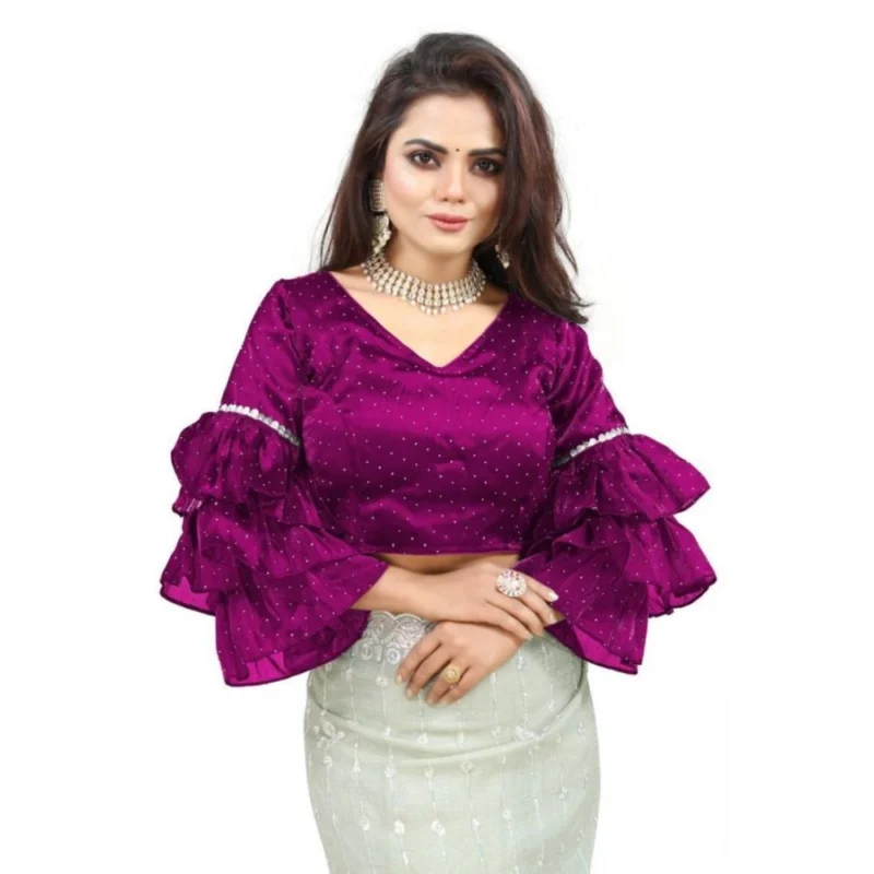 Women's Organza Solid V Neck Layered Ruffle Sleeve Readymade Blouse (Magenta Free Size , up to 38鈥?0 Bust)-PID65853