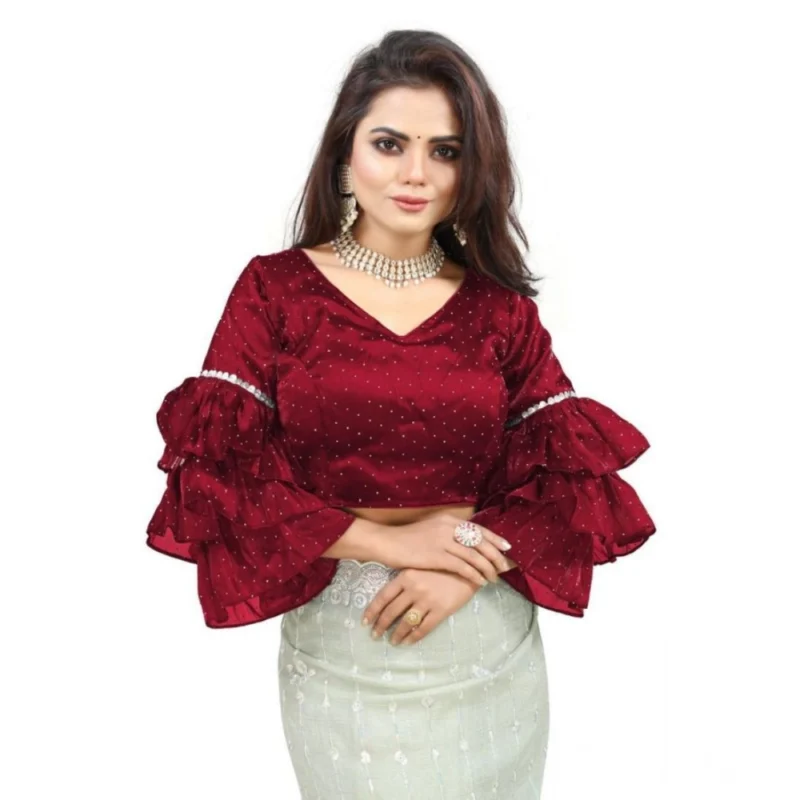 Women's Organza Solid V Neck Layered Ruffle Sleeve Readymade Blouse (Maroon Free Size , up to 38鈥?0 Bust)-PID65854
