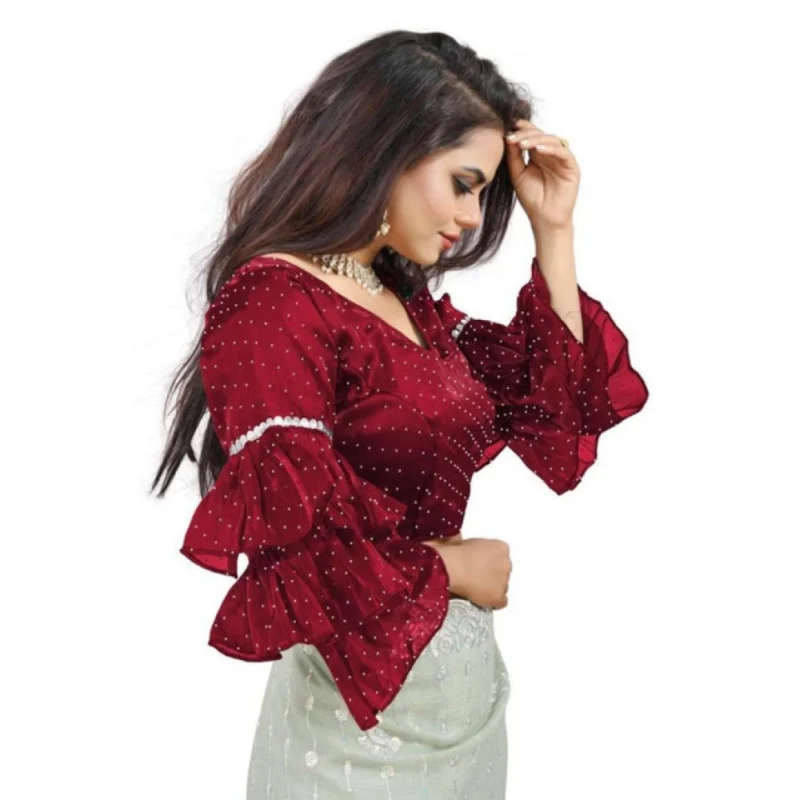 Alternative view of Women's Organza Solid V Neck Layered Ruffle Sleeve Readymade Blouse (Maroon Free Size , up to 38鈥?0 Bust)-PID65854