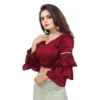 Women's Organza Solid V Neck Layered Ruffle Sleeve Readymade Blouse (Maroon Free Size , up to 38–40 Bust)-PID65854