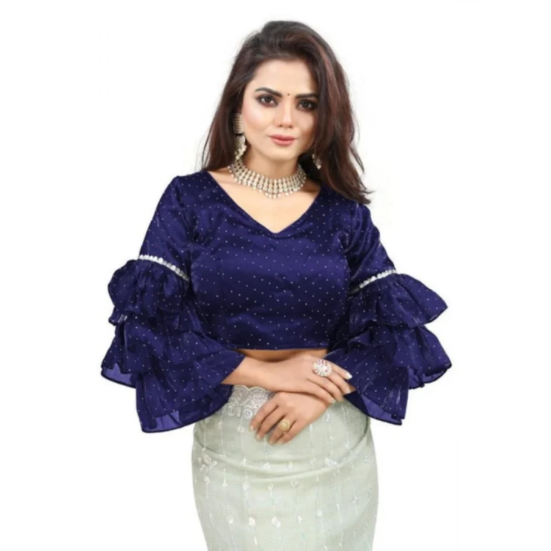 Women's Organza Solid V Neck Layered Ruffle Sleeve Readymade Blouse (Navy Free Size , up to 38鈥?0 Bust)-PID65855