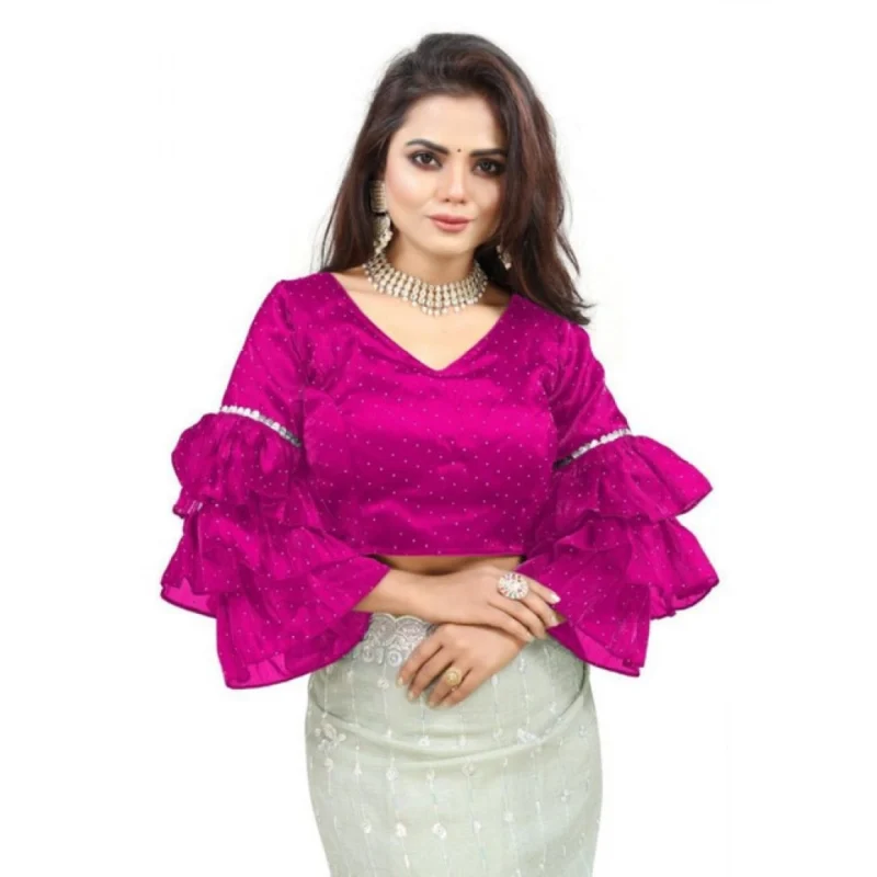 Women's Organza Solid V Neck Layered Ruffle Sleeve Readymade Blouse (Pink Free Size , up to 38鈥?0 Bust)-PID65856
