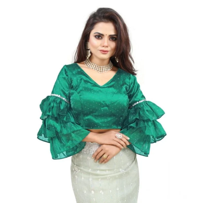 Women's Organza Solid V Neck Layered Ruffle Sleeve Readymade Blouse (Rama Free Size , up to 38鈥?0 Bust)-PID65857