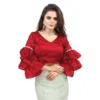Women's Organza Solid V Neck Layered Ruffle Sleeve Readymade Blouse (Red Free Size , up to 38鈥?0 Bust)-PID65858