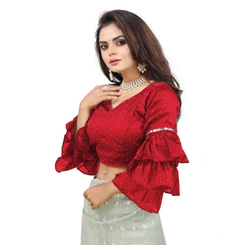 Alternative view of Women's Organza Solid V Neck Layered Ruffle Sleeve Readymade Blouse (Red Free Size , up to 38鈥?0 Bust)-PID65858