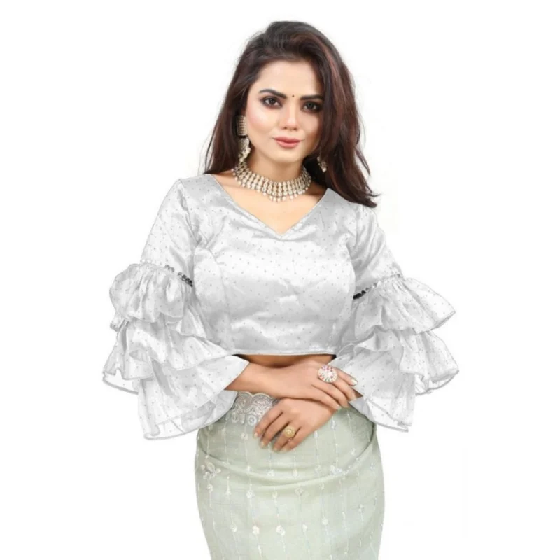 Women's Organza Solid V Neck Layered Ruffle Sleeve Readymade Blouse (White Free Size , up to 38鈥?0 Bust)-PID65859
