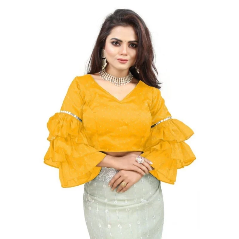 Women's Organza Solid V Neck Layered Ruffle Sleeve Readymade Blouse (Yellow Free Size , up to 38鈥?0 Bust)-PID65860