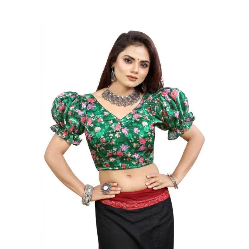 Women's Organza Printed V Neck Puff Sleeve Readymade Blouse (Green 38 , Alterable up to 42)-PID65863
