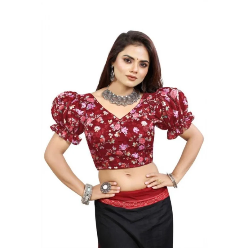 Women's Organza Printed V Neck Puff Sleeve Readymade Blouse (Maroon 38 , Alterable up to 42)-PID65866