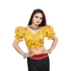 Women's Organza Printed V Neck Puff Sleeve Readymade Blouse (Mustard 38 , Alterable up to 42)-PID65867