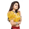 Women's Organza Printed V Neck Puff Sleeve Readymade Blouse (Mustard 38 , Alterable up to 42)-PID65867