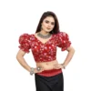 Women's Organza Printed V Neck Puff Sleeve Readymade Blouse (Red 38 , Alterable up to 42)-PID65871