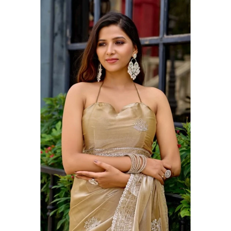 Alternative view of Women's Faux Shimmer Floral Motifs Ready to wear Saree With Unstitched Blouse 5.5Mtr (Beige)