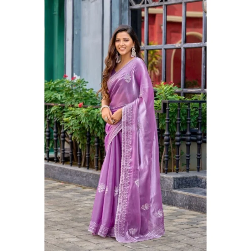 Women's Faux Shimmer Floral Ready to wear Saree With Unstitched Blouse 5.5Mtr (Lavender)