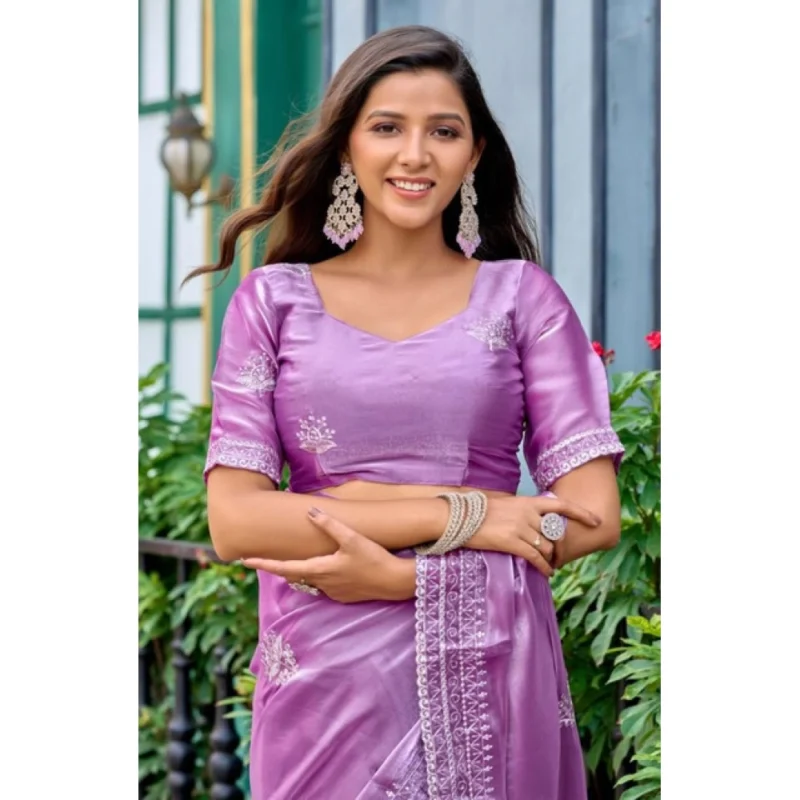 Alternative view of Women's Faux Shimmer Floral Ready to wear Saree With Unstitched Blouse 5.5Mtr (Lavender)