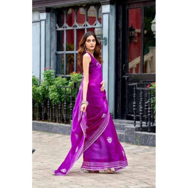 Women's Faux Shimmer Floral Embroidery Ready to wear Saree With Unstitched Blouse 5.5Mtr (Purple)