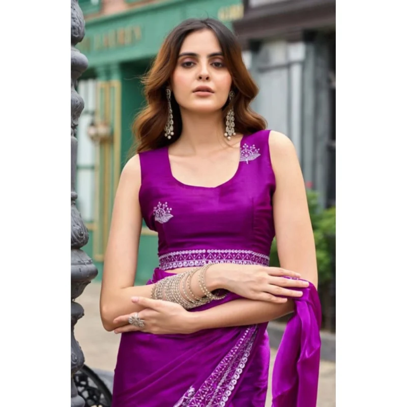 Alternative view of Women's Faux Shimmer Floral Embroidery Ready to wear Saree With Unstitched Blouse 5.5Mtr (Purple)