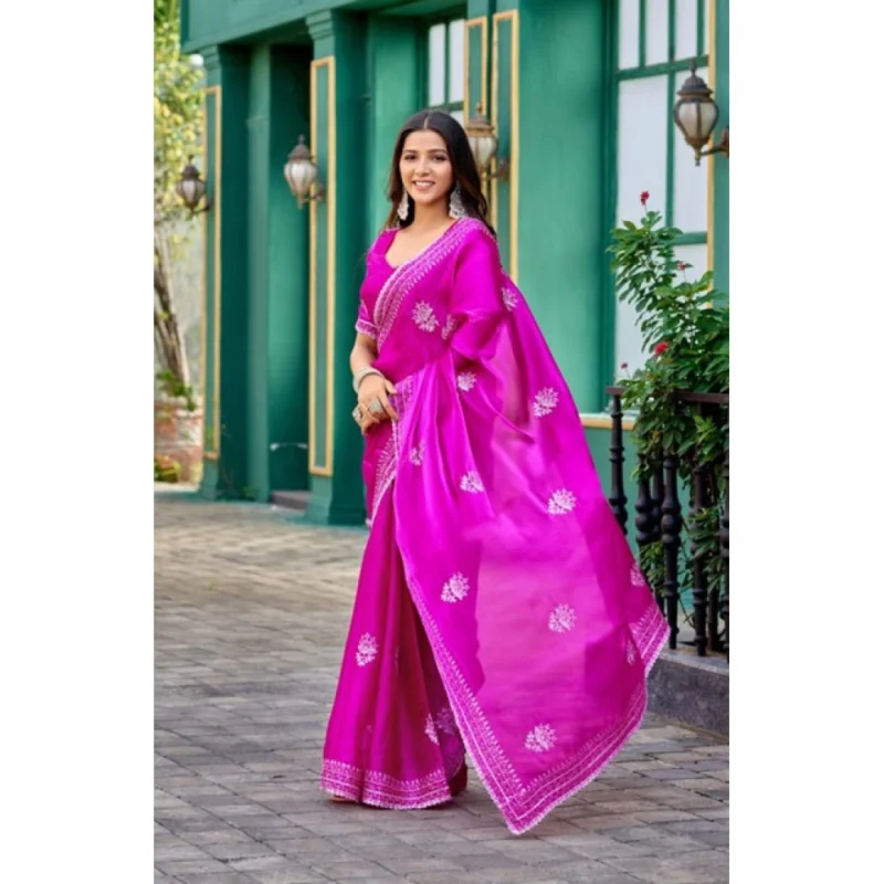 Women's Faux Shimmer Floral Embroidery Ready to wear Saree With Unstitched Blouse 5.5Mtr (Pink)