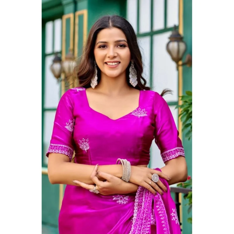 Alternative view of Women's Faux Shimmer Floral Embroidery Ready to wear Saree With Unstitched Blouse 5.5Mtr (Pink)