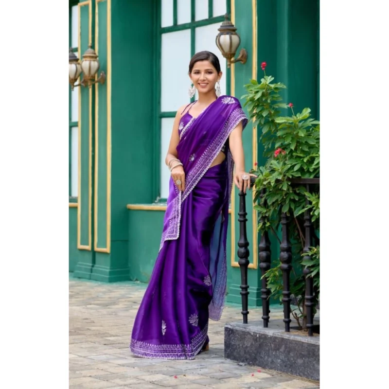 Women's Faux Shimmer Floral Embroidery Ready to wear Saree With Unstitched Blouse 5.5Mtr (Purple)