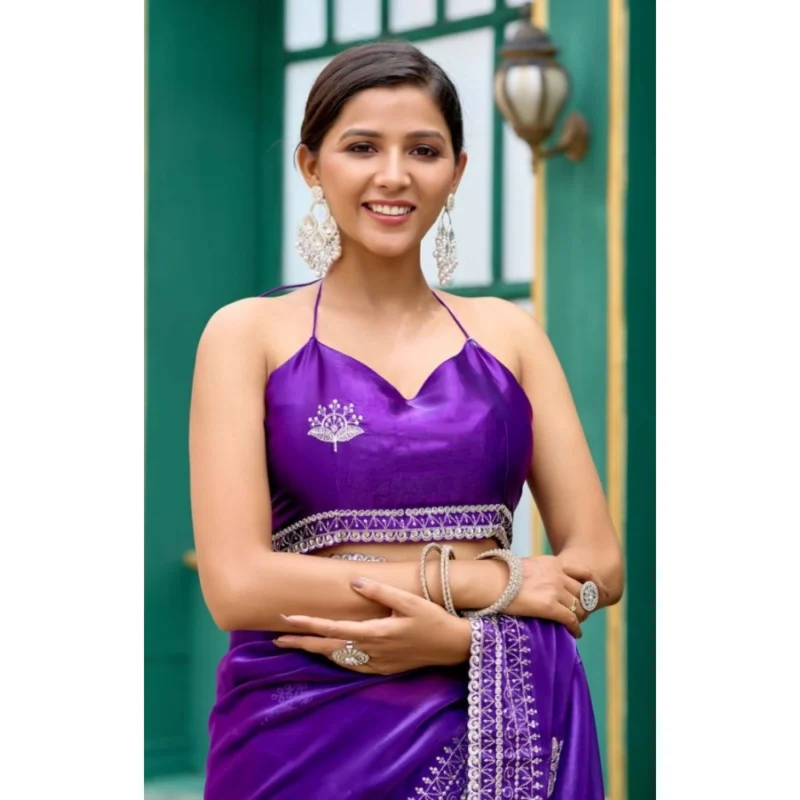 Alternative view of Women's Faux Shimmer Floral Embroidery Ready to wear Saree With Unstitched Blouse 5.5Mtr (Purple)