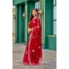 Women's Faux Shimmer Floral Embroidery Ready to wear Saree With Unstitched Blouse 5.5Mtr (Red)