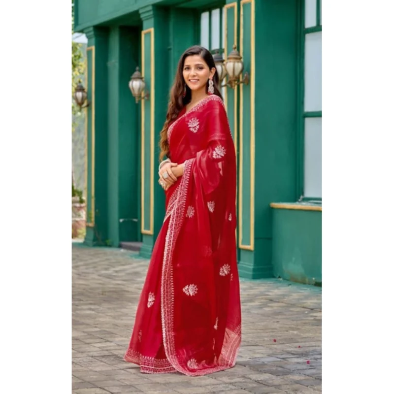 Women's Faux Shimmer Floral Embroidery Ready to wear Saree With Unstitched Blouse 5.5Mtr (Red)