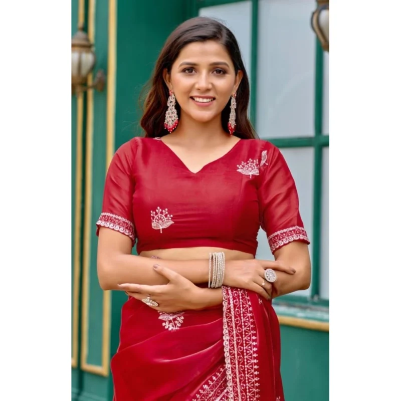 Alternative view of Women's Faux Shimmer Floral Embroidery Ready to wear Saree With Unstitched Blouse 5.5Mtr (Red)