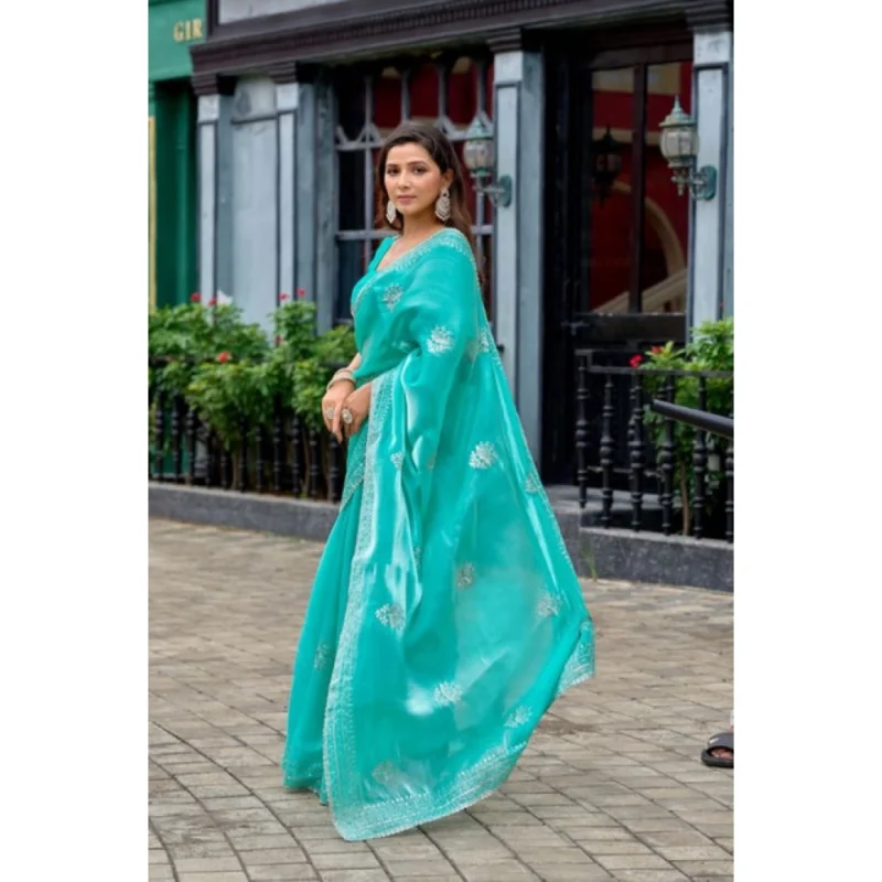 Women's Faux Shimmer Floral Embroidery Ready to wear Saree With Unstitched Blouse 5.5Mtr (Turquoise)