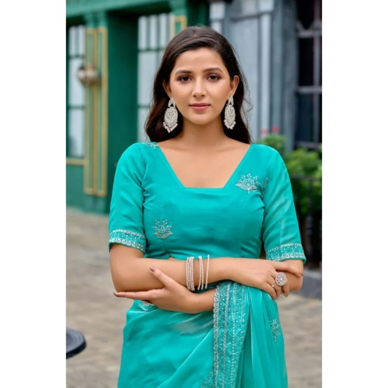 Alternative view of Women's Faux Shimmer Floral Embroidery Ready to wear Saree With Unstitched Blouse 5.5Mtr (Turquoise)