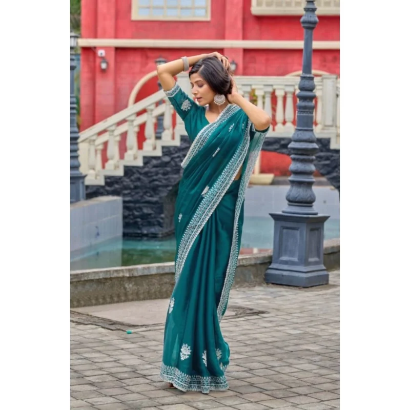 Women's Faux Shimmer Floral Embroidery Ready to wear Saree With Unstitched Blouse 5.5Mtr (Teal)