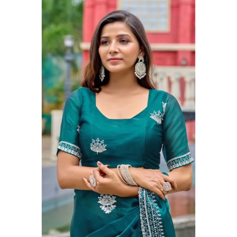 Alternative view of Women's Faux Shimmer Floral Embroidery Ready to wear Saree With Unstitched Blouse 5.5Mtr (Teal)