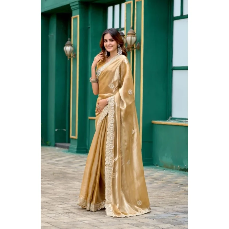 Women's Faux Shimmer Geometric Ready to wear Saree With Unstitched Blouse 5.5Mtr (Beige)