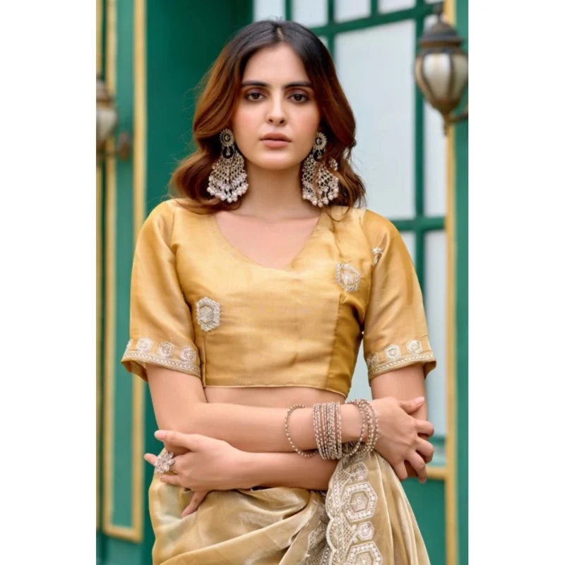 Alternative view of Women's Faux Shimmer Geometric Ready to wear Saree With Unstitched Blouse 5.5Mtr (Beige)