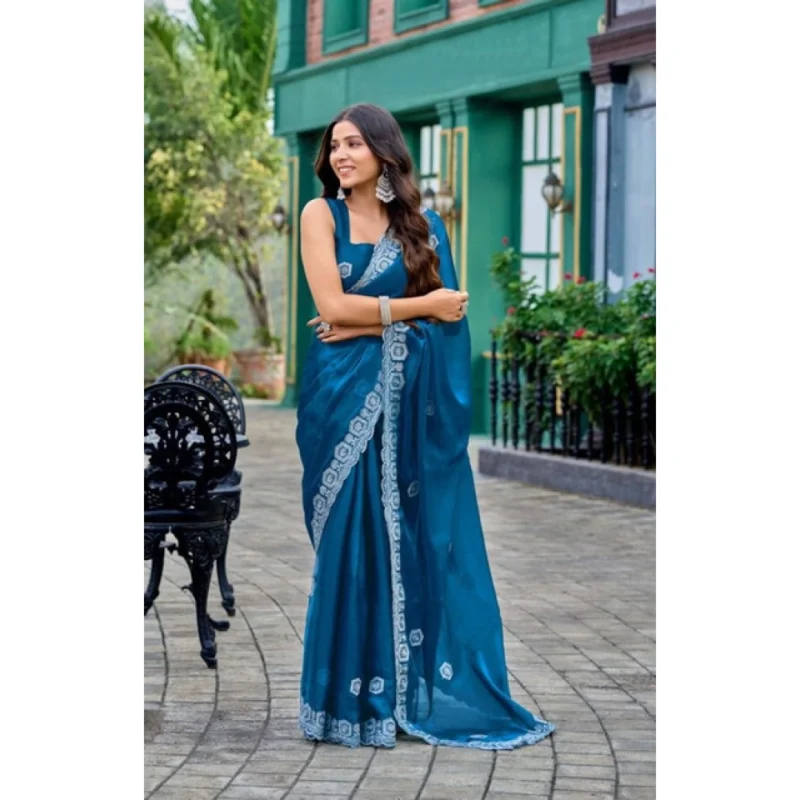 Women's Faux Shimmer Geometric Ready to wear Saree With Unstitched Blouse 5.5Mtr (Blue)