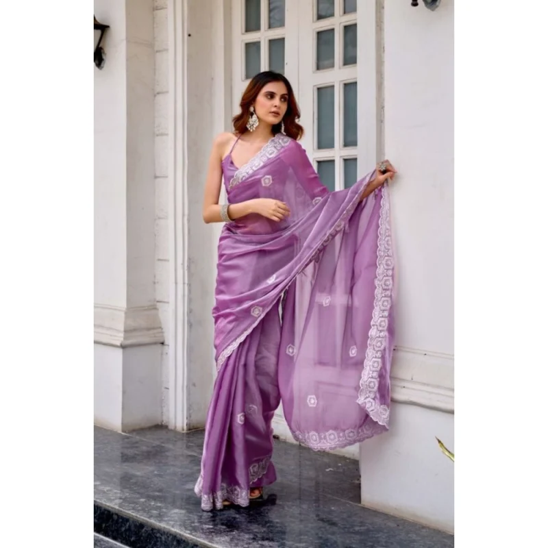 Women's Faux Shimmer Geometric Ready to wear Saree With Unstitched Blouse 5.5Mtr (Lavender)