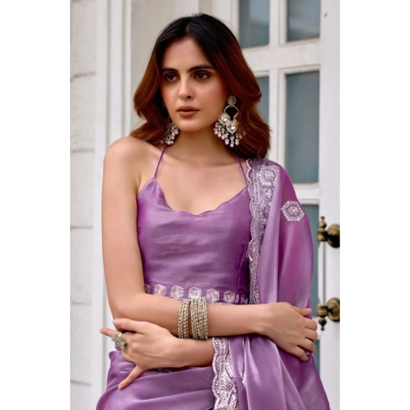 Alternative view of Women's Faux Shimmer Geometric Ready to wear Saree With Unstitched Blouse 5.5Mtr (Lavender)