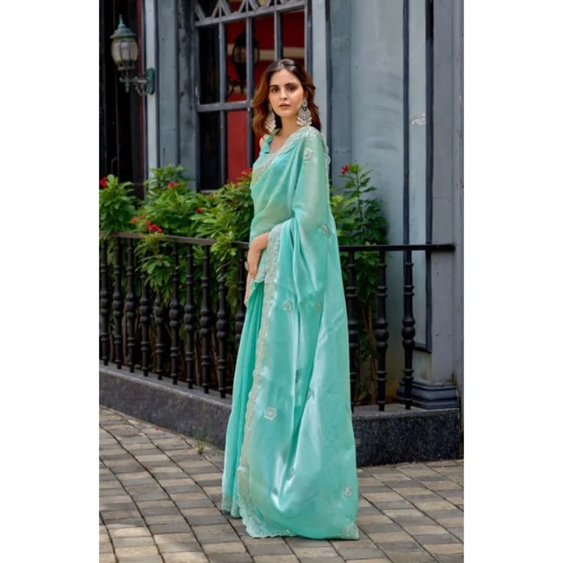 Women's Faux Shimmer Geometric Ready to wear Saree With Unstitched Blouse 5.5Mtr (Light_AquaBlue)