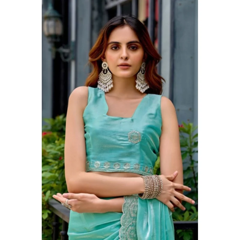 Alternative view of Women's Faux Shimmer Geometric Ready to wear Saree With Unstitched Blouse 5.5Mtr (Light_AquaBlue)