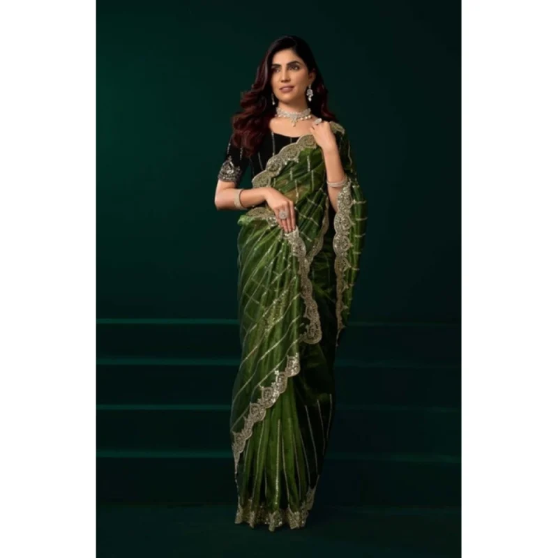 Women's Net Sequence Saree With Unstitched Blouse 5.5Mtr (Green)