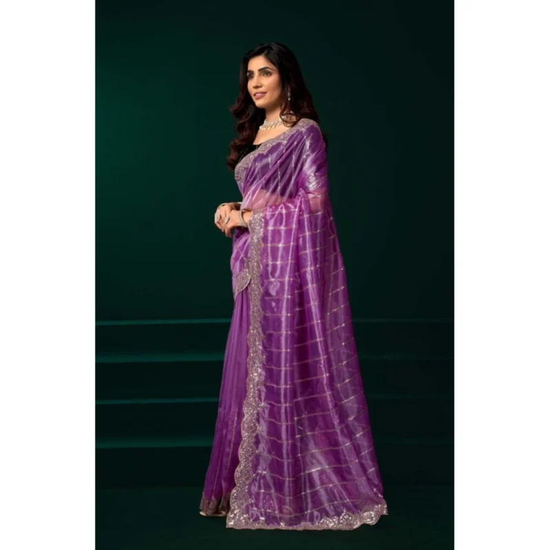 Women's Net Sequence Saree With Unstitched Blouse 5.5Mtr (Lavender)